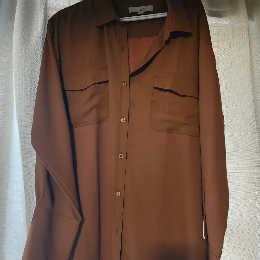 LOFT Chest-Pocket Button-Down Blouse in Warm Brown